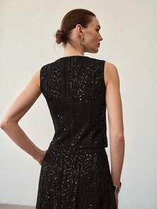 MOTF PREMIUM CONTRAST SEQUIN BUTTON UP WAISTCOAT - Black - View 3