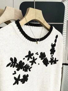 SHEIN Franclia 新款休闲宽松碎花甜美复古女式针织毛衣，春秋季 - 白色 - 查看 3