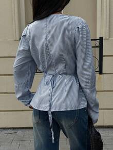 Siren Gaze Áo sơ mi dài tay kẻ sọc thắt eo dành cho nữ, mẫu mới thu đông. - Màu xanh hải quân - Xem 2