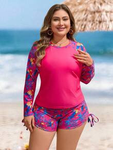 Swim Lushoire 2026新款加大码女式两件套，随机紫红色叶子印花，时尚休闲宽松高腰抽绳短裤和长袖圆领泳衣 - 玫紅色 - 查看 4