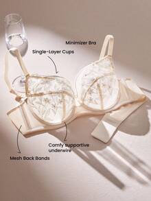 LUVLETTE 加大码全罩杯透气无衬里刺绣蕾丝金色米色网纱蕾丝文胸，显瘦文胸 - 杏色 - 查看 6