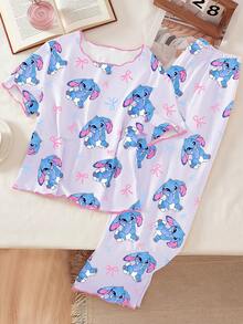 一套少女睡衣，简约紫色底色，饰有兔子和蝴蝶结印花，撞色滚边短袖长裤休闲家居服 - 杏色 - 查看 4