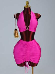 Lureya 2pcs Women's Fuchsia Pink Summer Halter Bikini Top With Metal Buckle,Ruched Drawstring Waist Bodycon Mini Skirt Set For Club Night,Rave Party Outfit - Hot Pink - View 6