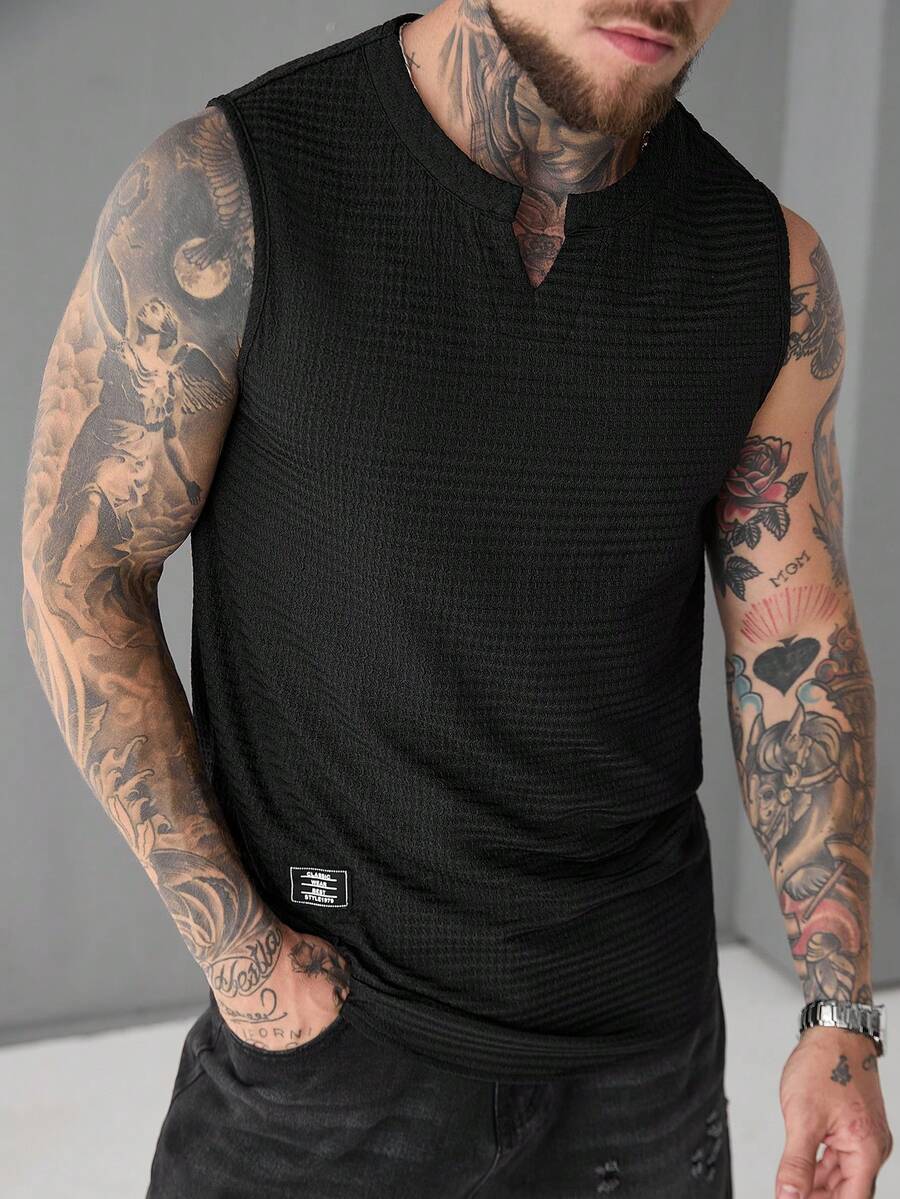 SLATEMANN Solid Color Men's V-Neck Sleeveless Tank Top - Black - View 1