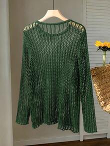 Manfinity Fever City 男士纯色圆领宽松镂空毛衣 - 軍綠色 - 查看 2