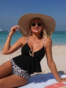 Swim Lushoire Women's Leopard Print Metallic Embellished Tankini Suit With Ruffled Hem, Tankini Swimwear Tummy Control, Conservative And Comfortable Beachwear, Black Tankini Zebra Print Tankini - Multicolor - View 5