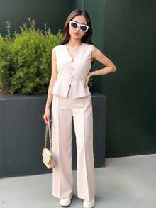 Conjunto formal de top sin mangas de apertura frontal + pantalones rectos holgados de unicolor tejido para niñas adolescentes, elegante para ir a la escuela o eventos - Caqui - Ver 4