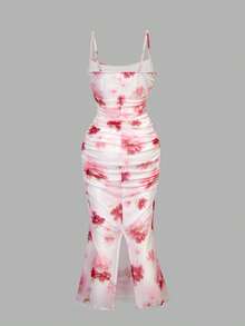 Sparklyn 少女春夏度假海滩优雅印花无袖修身连衣裙 - 粉色 - 查看 2