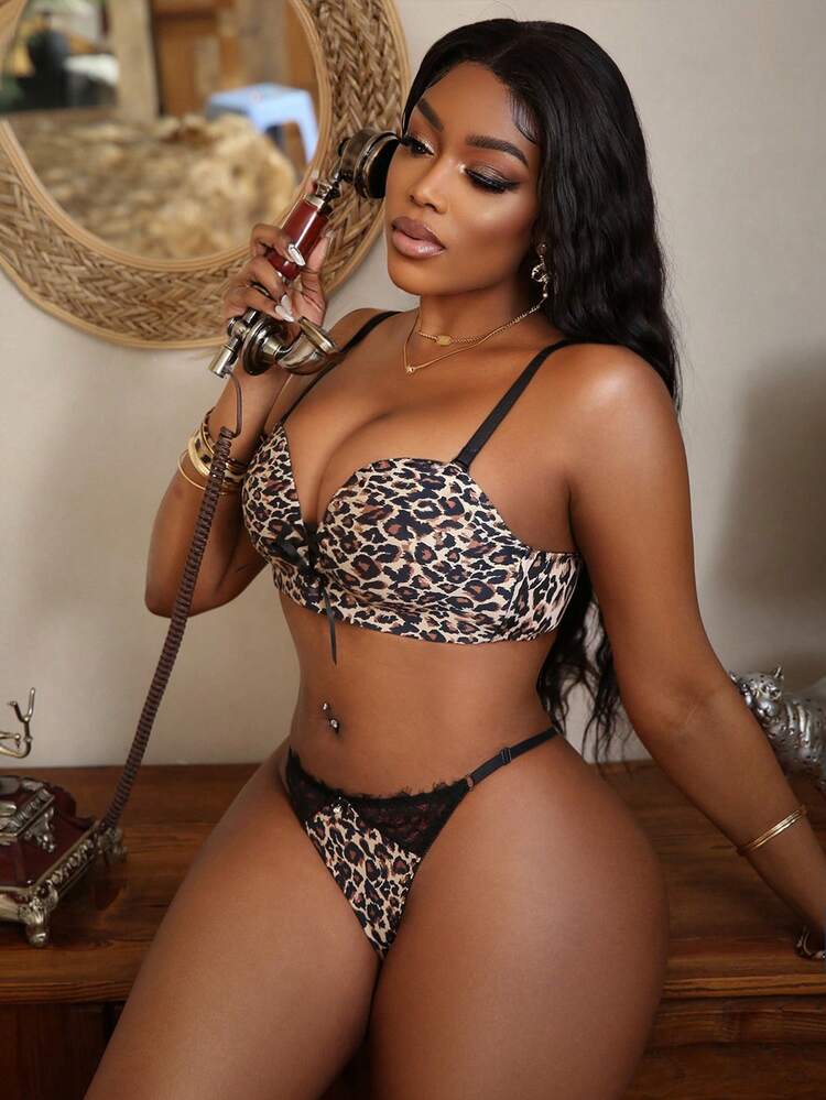 2pcs Women's Leopard Print Wireless Lightly Padded Push-Up Bra Set - Multicolor - View 4