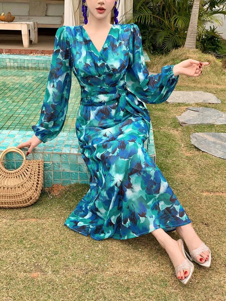Women's Floral Print V-Neck Lantern Sleeve Waist Cinched Elegant Dress Sundress Boho Vacation Outfits Women