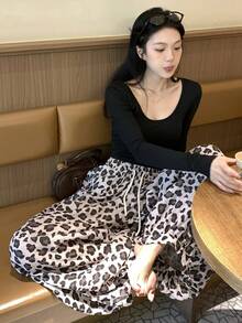 DAZY Quần ống rộng dáng suông họa tiết da báo, cạp chun, dành cho thiếu nữ. - màu nâu - Xem 4