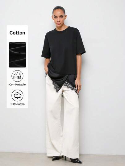 Maija Chic And Cool Women's Black T-Shirt With Satin And Lace Hem, Casual And Loose Fit Short Sleeve Spring Summer Work