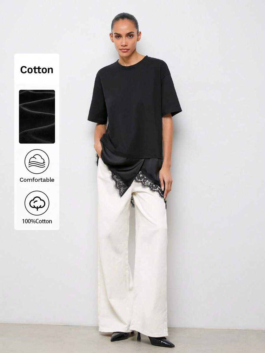 Maija 时尚清爽的女士黑色T恤，缎面蕾丝下摆，休闲宽松短袖，适合春夏工作穿着。 - 黑色 - 查看 1