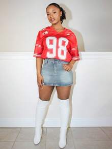 Steph T Women's Spring/Summer Festival Going Out Streetwear Vintage Breathable Mesh Number Pattern Graphics Baseball Jersey Red  Jersey T-Shirt - Red - View 1