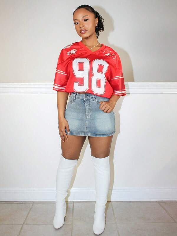 Steph T Maillot de baseball vintage en maille respirante avec motif numérique, pour femmes, à porter lors de festivals ou de sorties printanières ou estivales