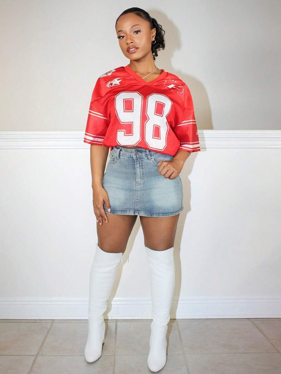 Steph T Women's Spring/Summer Festival Going Out Streetwear Vintage Breathable Mesh Number Pattern Graphics Baseball Jersey Red  Jersey T-Shirt - Red - View 1