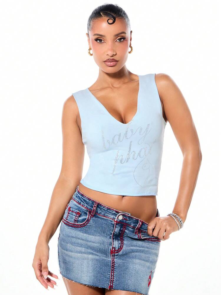 BABYPHAT Notch Neck Tank Top With Rhinestone Text Sparkle Embellishment Sleeveless Casual Summer Women's Fashion Cropped Fitted Top