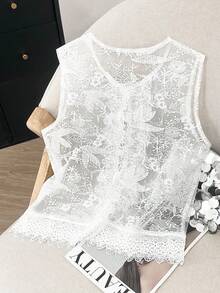 INAWLY Women's Elegant Embroidered Lace Pearl Button Sleeveless Blouse, Summer - White - View 2