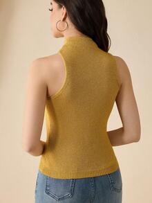 INAWLY Women's Solid Color Metal Decor Fitted Fashionable Knit Vest - Gold - View 2