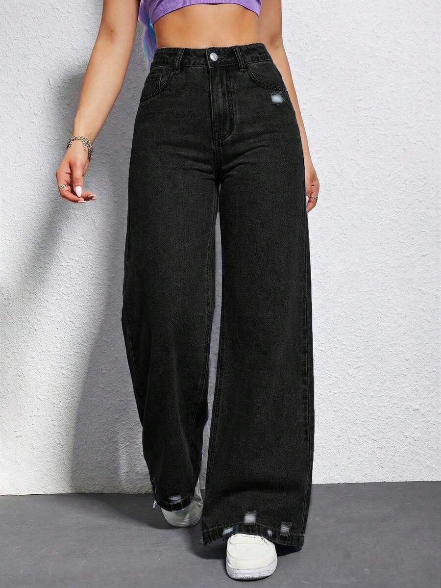 SHEIN EZwear 女士休闲日常通勤时尚街头风简约百搭高腰宽松阔腿牛仔裤 - 黑色 - 查看 1
