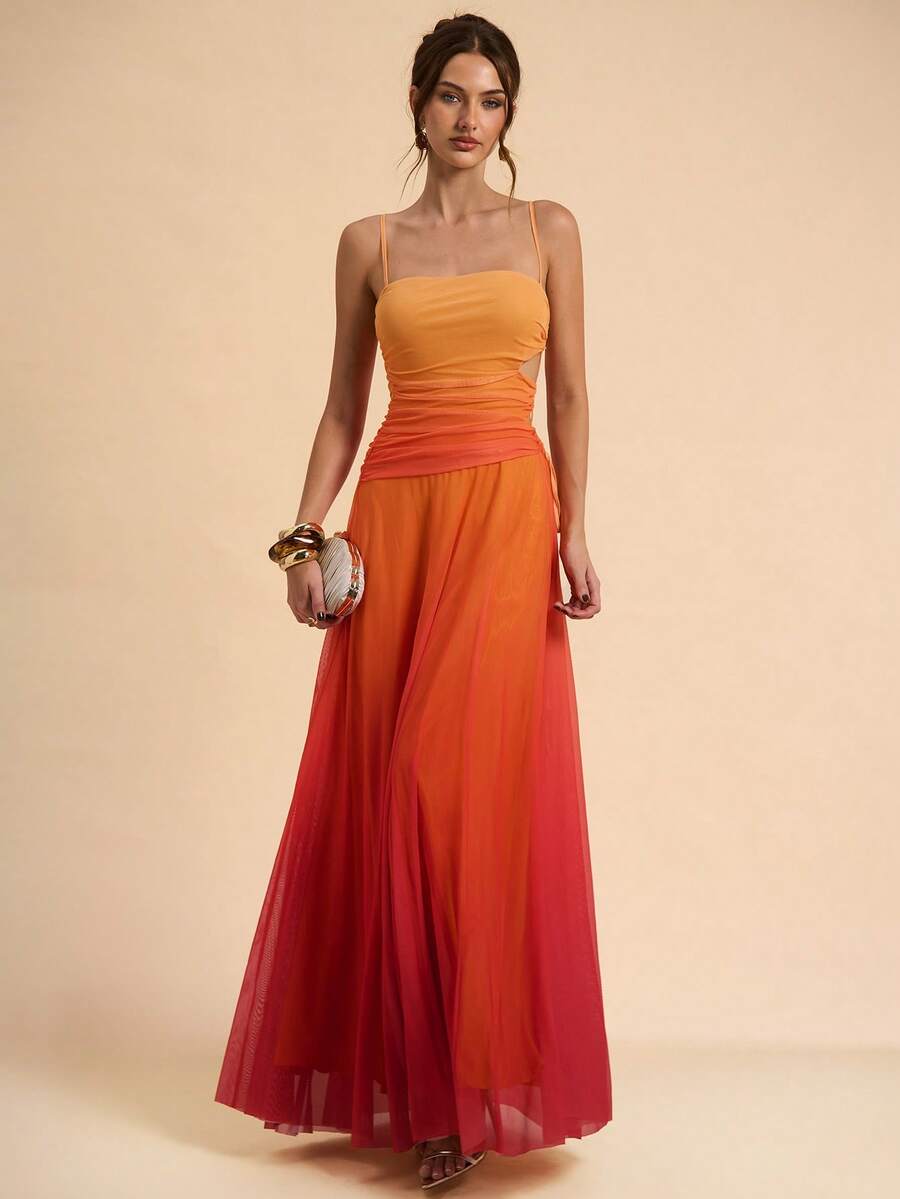SHEIN BAE Đầm maxi lưới thanh lịch màu cam ombre thắt eo dành cho nữ, thích hợp cho kỳ nghỉ, hẹn hò, trà chiều, đi biển, du thuyền, khu nghỉ dưỡng trên đảo, du lịch thành phố, lễ hội âm nhạc, kỳ nghỉ phong cách boho, tiệc tùng và các dịp khác. Có thể mặc trong nhà và ngoài trời, cũng có thể dùng làm bộ đồ đi biển, đầm nghỉ mát màu cam, bộ đồ màu hoàng hôn, đầm màu bình minh hoặc đầm hoàng hôn, cũng có thể dùng làm trang phục ngày Valentine. - trái cam - Xem 1