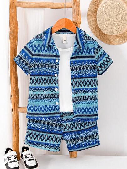 SHEIN Vintaside Kids 2pcs/Set Young Boy Casual Vacation Striped Jacquard Short Sleeve Shirt And Shorts Set, Suitable For Daily Casual, Vacation, Sports, School, Outdoor, Summer Summer Sets For Boy Boys Caribbean Outfit Toddler Boy Vacation Clothes Blue Patterned Summer Clothes Toddler Boy Beach Clothes Vacation Boy Outfit Sets Summer Clothes For Boy