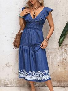 Breezaya Vestido casual de verano con cuello en V, estampado floral y dobladillo con volantes - Azul - Ver 5