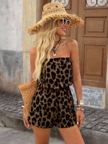 Brillora Leopard Print Halter Jumpsuit For Women, Vacation Style - Brown - View 3