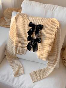 SHEIN EZwear 女士蝴蝶结系带镂空针织短款开衫 - 杏色 - 查看 1