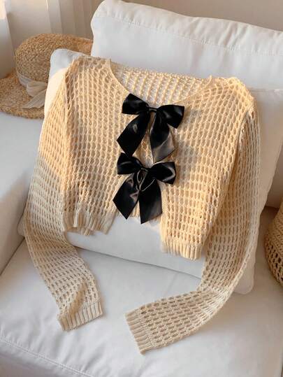 SHEIN EZwear Cardigan scurt tricotat cu scobitură și papion pentru femei