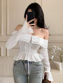 DAZY Women's Elegant Textured Off-Shoulder Ruffle Tie Flare Sleeve Blouse, Spring - Beige - View 8