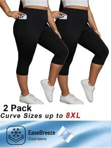 SHEIN CURVE+ 2 Stücke Leggings in Große Größen für Damen, schwarz, dehnbar, figurbetont, 7/8 Länge, hautfreundlich (mit Handytasche) - Schwarz - Übersicht 1