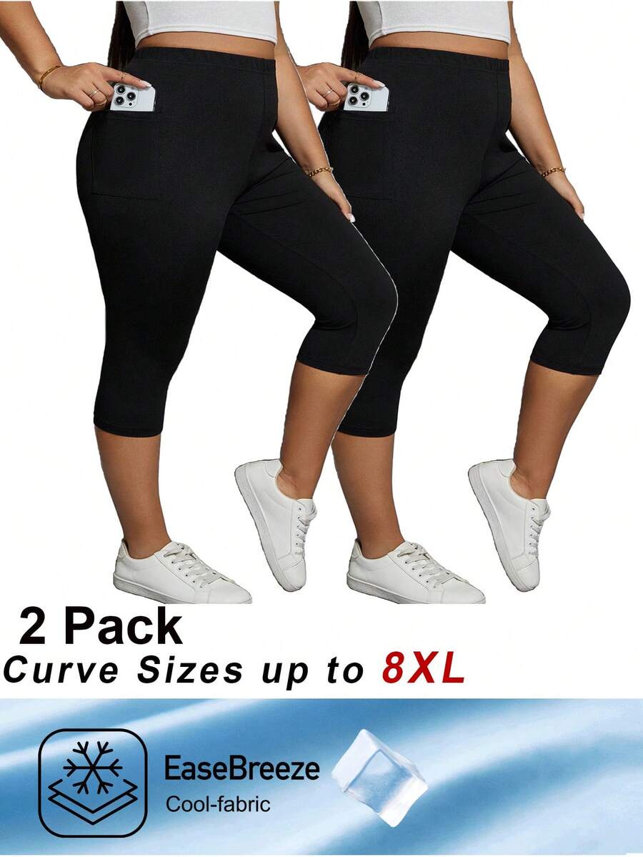 SHEIN CURVE+ 2 Stücke Leggings in Große Größen für Damen, schwarz, dehnbar, figurbetont, 7/8 Länge, hautfreundlich (mit Handytasche) - Schwarz - Übersicht 1