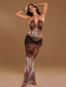 Aloruh Women's Leopard Print Camisole Beach Vacation Set,Shades Of Brown,Summer,70s,Beach,Party Bohemian Tropical Backless Bodysuit With Metal Chains - Brown - View 10