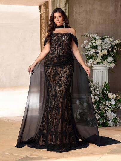 Aureia 大码优雅奢华珍珠弹力蕾丝褶皱露背蝙蝠袖美人鱼连衣裙，适合婚礼、派对、度假、舞会、正式场合（装饰繁复）