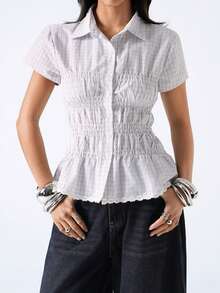 LYSMO Women's Casual Checkered Print Ruffle Hem Fitted Blouse, Suitable For Daily Wear And Commuting - White - View 5