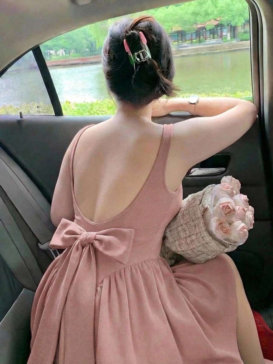 SHEIN MOD Plus Size Elegant Solid Color Backless Bow Decor Sleeveless Dress, Summer - Pink - View 1