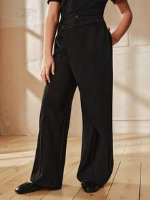 Anewsta 女童休闲纯黑色弹力腰不对称裤脚裤，适合年龄稍大的女孩穿着。 - 黑色 - 查看 4