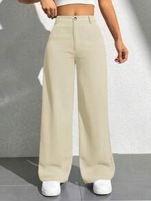 SHEIN PETITE CURVE Quần dài nữ cỡ lớn, màu trơn, kiểu dáng đơn giản, thường ngày, phong cách thường nhật. - Màu be - Xem 5