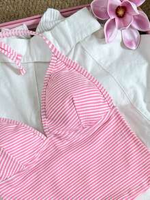 Swim Mod Elegant Vacation Sweet Women's Spaghetti Strap Bikini Set With Pink & White Fabric, Pearl & Seashell Decorations, Wireless - Pink - View 4