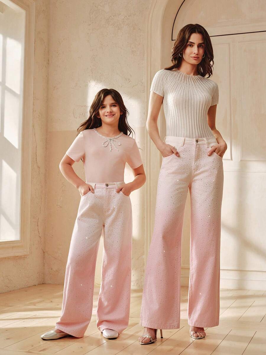 Anewsta Jeans rectos con efecto ombré rosa brillante y diamantes para niñas, primavera/verano - Rosa - Ver 1
