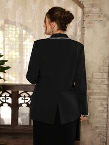 VOLUPTÉ CURVE 大码女式砖纹链条领长袖收腰优雅职业西装外套 - 深灰色 - 查看 3