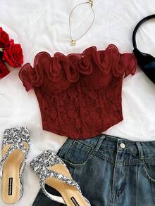 Soleia Top bandeau elegante con volantes y estampado jacquard para mujer - Rojo - Ver 1