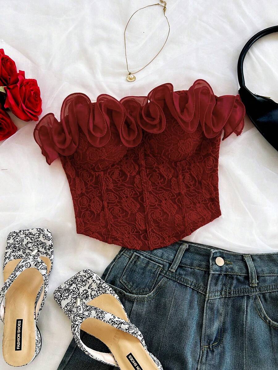 Soleia Top bandeau elegante con volantes y estampado jacquard para mujer - Rojo - Ver 1