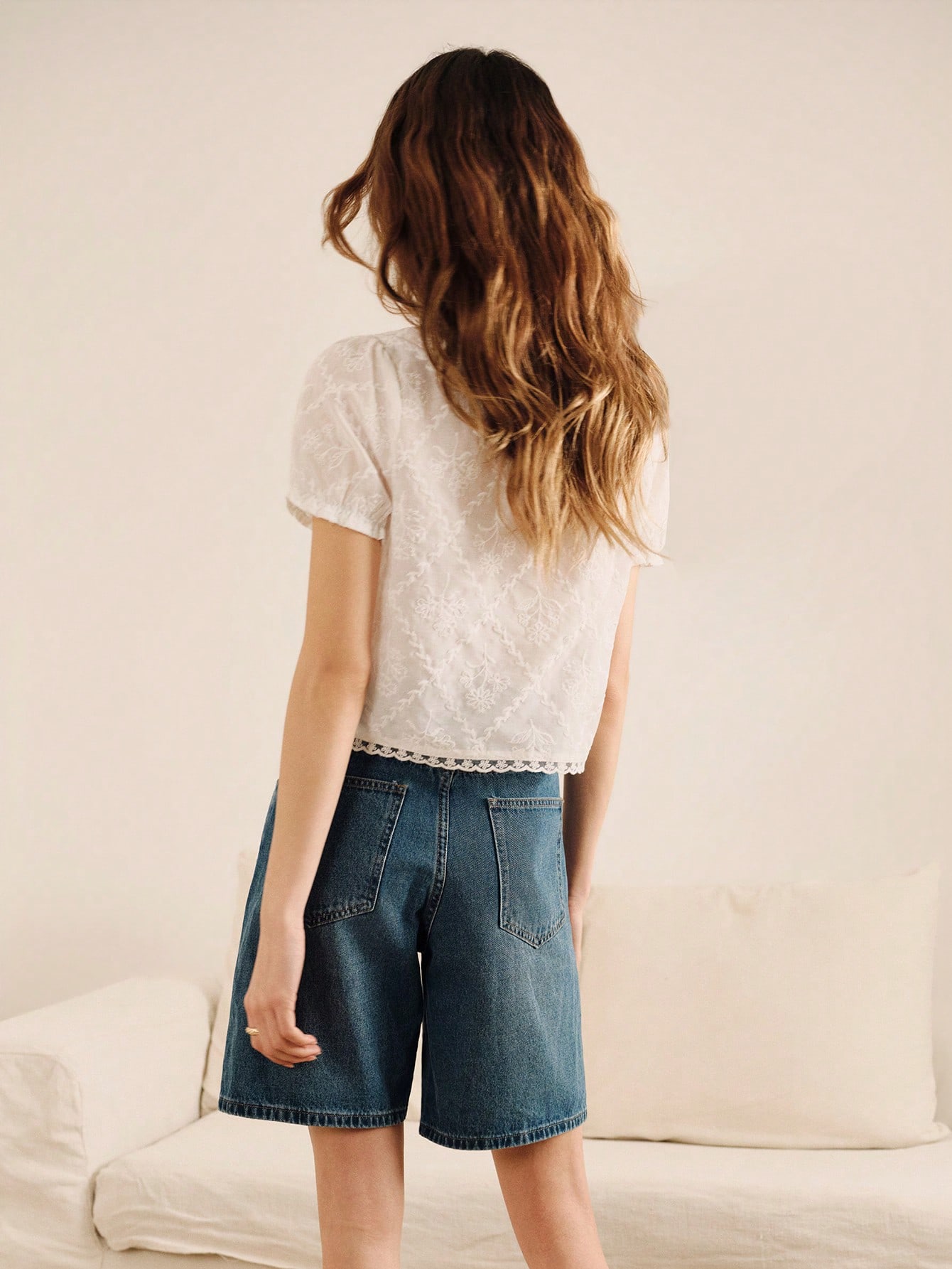 White Embroidered Blouse With Square Neckline And Lace Trim Boho Spring Summer French Style Parisian Style