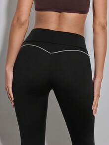 SHEIN ICON 女士休闲/办公通勤撞色滚边开衩修身打底裤 - 黑色 - 查看 6