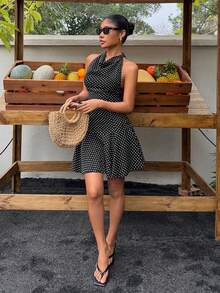Sunnyshic 女士度假黑白波点垂褶领系带拼接连衣裙 - 黑與白 - 查看 3