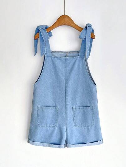 SHEIN Girls' Loose Fit Blue Denim Bib Shorts