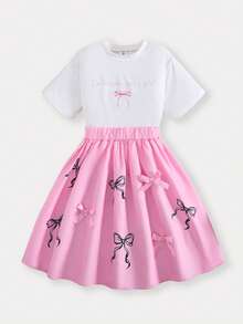 Casuvi Kids 1 Set Girls Sweet & Cute White Short Letter Print T-Shirt (With Pink Bow Decor), Paired With Pink Multi-Bow Decorated Skirt, Regular Thickness, Outfit For Daily Wear, Summer - Pink - View 1