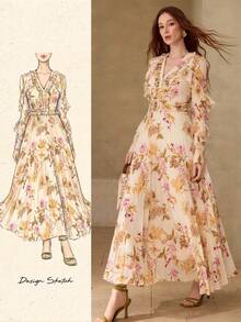 MOTF PREMIUM VESTIDO MIDI ELEGANTE DE MUJER CON PLIEGUES Y VOLANTES, PRIMAVERA/VERANO - Albaricoque - Ver 8